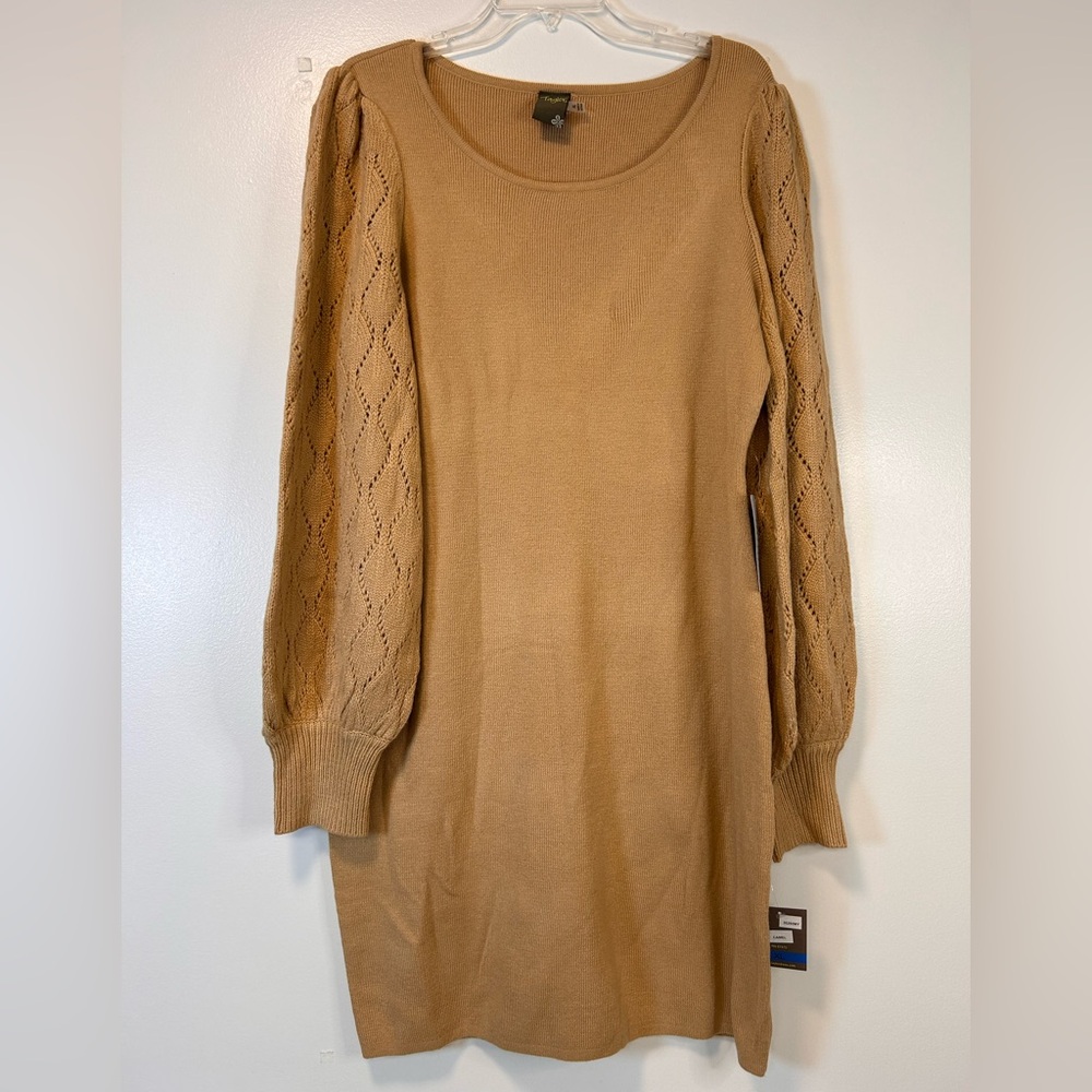 Taylor Camel Brown Knit Dress Balloon Sleeves Midi Length‎ Bodycon Women’s XL